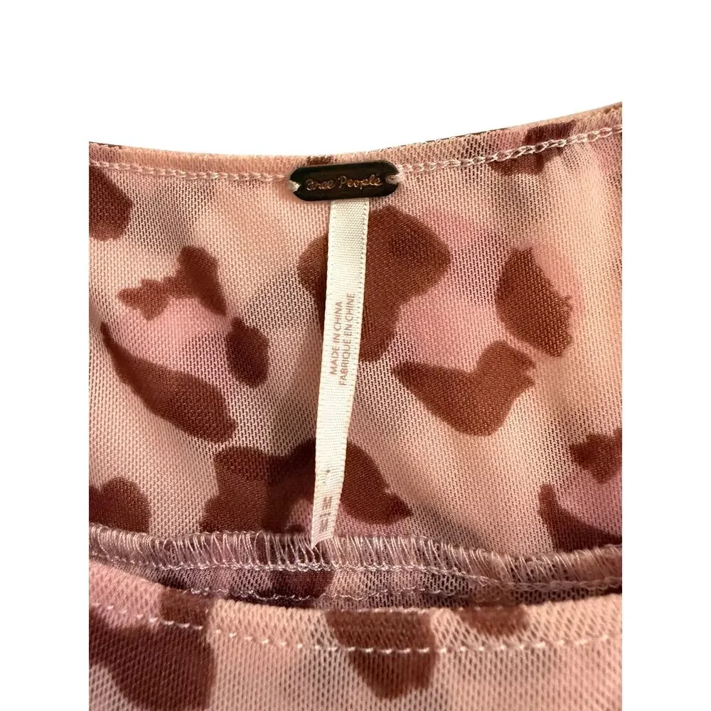 FP Free People Pink Animal Print Black Crop Bubble Hem Blouse Medium Lined